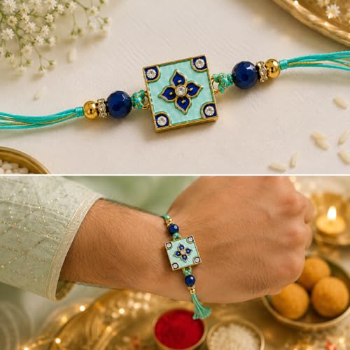Image of JAIPUR ACE Elegant Blue BRO Designer Rakhi Gift Set with Greeting Card and Roli Chawal Pouch, Premium Brother Rakhi Bracelet, Festive Raksha Bandhan Gift for Brother, Traditional