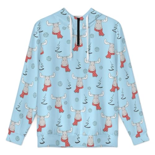 Christmas Cute Cartoon Elks Men's Quarter Zip Drawstring Hoodies Long Sleeve Sweatshirt Casual Pullover3