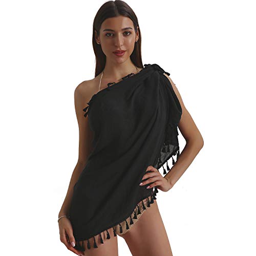 Image of Eicolorte Beach Sarong Pareo Womens Semi-Sheer Swimwear Cover Ups Short Skirt with Tassels