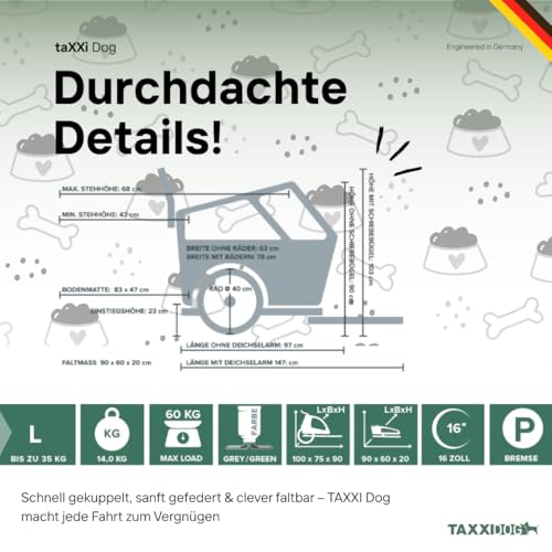 TAXXI Dog L Hundeanhänger für Fahrrad – Stabiler Fahrradanhänger für Hunde bis 40 kg – mit Einstieg vorn & hinten, Netzfenster, Reflektoren, Kupplung – faltbar & wetterfest