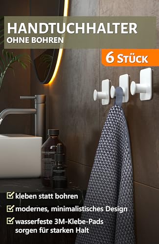 4smile Handtuchhalter ohne Bohren 6er Set - Weiße Design Handtuchhaken Bad, Haken selbstklebend mit 3M-Klebe-Pads - Stilvolle Klebehaken Wandhaken