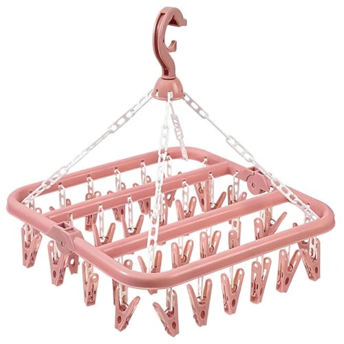 hautllaif Clothes Drying Hanger with 32 Clips, Foldable Design Multi-Functional Sock Dryer and Rotary Wind-sock hanger for washing line, Ideal Hanger for Socks, Underwear, Bras, Baby Clothes (Pink)