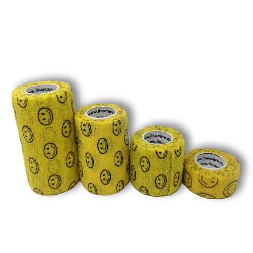 LisaCare - Fingerpflaster selbsthaftend - Pflaster für Hunde & Menschen - Handbandage Kinder - 4er-Set 2,5-10cm breit (Smiley gelb)