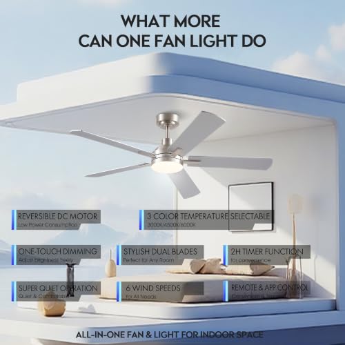 Image of JSAITEE Ceiling Fans with Lights, 52 Inch Low Profile Modern Fan with Light and Remote Control, DC Reversible Motor, Noiseless,3CCT,Dimmable, Nickel 6 Speeds Fan Light for Bedroom Living room