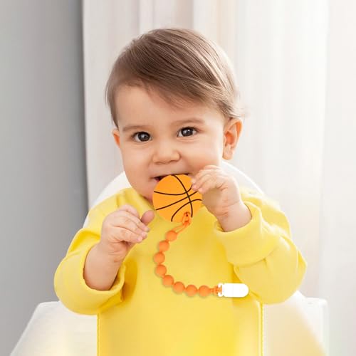 Image of Baby Food Grade Silicone Sport Ball Teether Toy with Pacifier Clip Holder,Teething Toys Gift Set for 3 Months+ Boys and Girls,Freezer Safe,BPA Free. (Basketball)