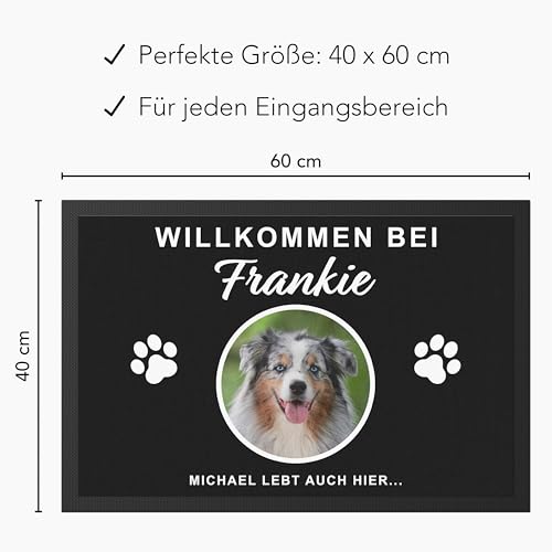 DEL MÀ Unique & Personal Fußmatte Hund personalisiert Einweihungsgeschenk Wohnung Hunde Geschenk zum Einzug ins Haus Fußabtreter Haustür Schmutzfangmatte für Innen 60x40 cm (1 Hund)