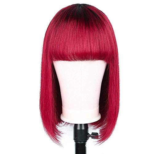 Brazilian Hair Wigs 100% Human Hair Wigs Machine Made Non Lace Wigs Short Cut Human Hair Bob Wigs with Bangs Natural Color And Burgundy Color Available (12inches, Burgundy Color)