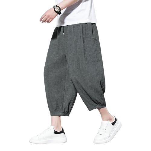 Tripleberly Men's Capri Pants Wide Leg Baggy Harem Pants Drawstring Elastic Waist 3/4 Yoga Shorts with Pockets