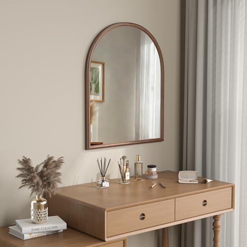 Image of 28 inchx32 inch Arch Wall Mirror for Wall, Wall Mounted Vanity Mirror for Bedroom, Wood Grain Finish Frame Mirror with Tempered Glass, Vintage Decorative for Bathroom, Entryway, Living Room, Walnut