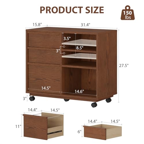 Image of AnywaysWood 3-Drawer Mobile File Cabinet, Wooden File cabinets Solid Wood Filing Cabinet with wheelsfor Home Office， Stand with Open Shelves. The Cabinet Features Adjustable Steel rods