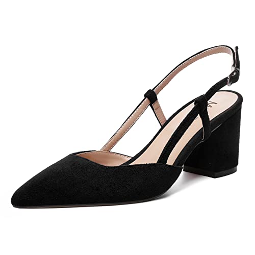 MODENCOCO Womens Pointed Toe Party Fashion Slingback Buckle Elegant Suede Chunky Mid Heel Pumps Dress Shoes 2.5 Inch