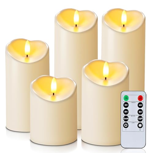 Image of Homemory Outdoor Waterproof Flameless Candles, LED Candles, Battery Operated Candles with Remote and Timers, Electric Fake Plastic Pillar Candles, Dark Ivory, D3 H4 5 inch 6 inch 8 inch 8 inch, Set of 5