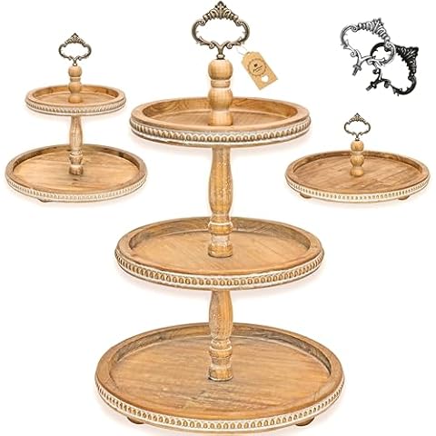 [3-in-1] Wooden Tiered Tray Stand - Large Beaded 3 Tiered Tray Decor Wood Cupcake Stand for Farmhouse Country Rustic Home - 3 Tier Stand [with 3 Changeable Handles] by Felt Creative Home Goods (Brown) Cover