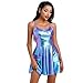 ABAFIP Women's Shiny Holographic Sleeveless V-Neck High Waisted Rave Disco Dance Party Music Festival Dress 70s Outfit Blue Large