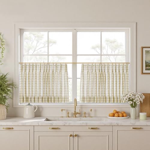 Image of TWOPAGES Pinch Pleat Cafe Curtains 36 Inch Long Buffalo Plaid Light Filtering Farmhouse Half Window Curtains for Small Window (Khaki Small Plaid, 26W x 36L Inches, Set of 2)