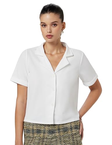 Image of Athena Lifestyle White Roll-Up Sleeves Solid Formal Top