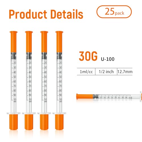 Jeringas con agujas para inyectar, 30G 1ml/cc 1/2"(12.7mm) jeringas, Pack of 25. - Thumbnail 5