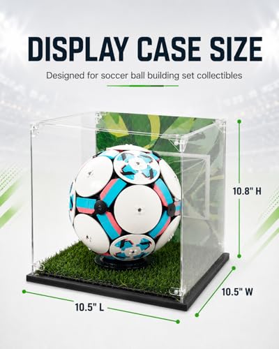 Image of Acrylic Display Case Compatible with LEGO Editions Soccer Ball, 10.5 inch Clear Display Box with Soccer-Themed Background & Artificial Turf, Dust-Resistant Acrylic Showcase for Soccer Ball