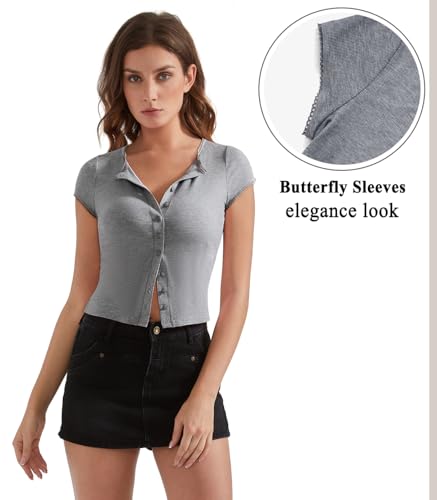 Image of OMKAGI Women Button Down Ribbed Short Sleeve Shirts Fitted Knit Cropped Cardigan Sweaters