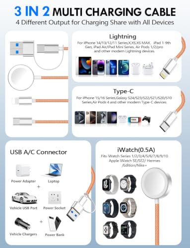 Image of 1Pack Multi Charging Cable Cord for Travel Essentials,Apple Watch Charger,iPhone Charger,[3-in-2] Type C /Lightning Cable Portable Designed for iWatch,iPhone 17-8,Galaxy S26-21,AirPods,iPad-4FT Orange