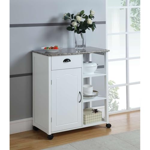 King's Brand White Finish Wood & Marble Vinyl Top Kitchen Storage Cabinet Cart