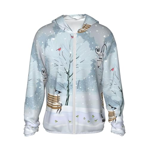 Chemise de soleil à capuche pour randonnée et parc motif oiseaux enneigés