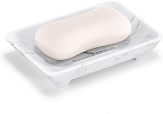 Self Draining Soap Dish, Aimou Non-Slip Soap Holder with Drain Resin Durable Waterfall Soap Tray, Bathroom Soap Saver Case Box Container Keep Soap Bars Dry Clean, Easy Cleaning Marble White