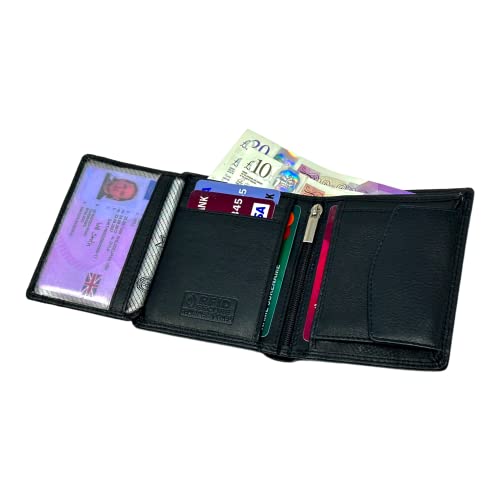 MORUCHA Black Compact Trifold Wallet For Mens | Genuine Soft Nappa Leather RFID Blocking | Zipped Pocket | Designed For Up To 6 Cards, ID, Coins And Cash | Gift Boxed | M-353