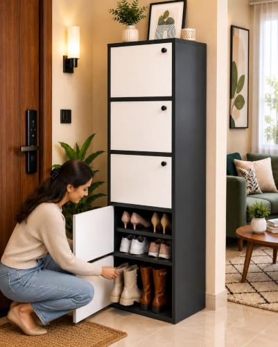 Image of 5-Door Engineered Wood Shoe Rack, 11-Tier Wooden Shoe Rack for Entryway, Shoe Storage Cabinet with Doors Adjustable Shelves, Wooden Shoes Rack Organizer - NEW (Black, 9 - Layer)