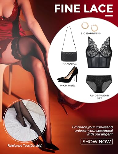 Buauty Black Thigh High Stockings for Women – Lace Top Sexy Thigh Highs Pantyhose, Plus Size Sheer Black Tights（1 pair4