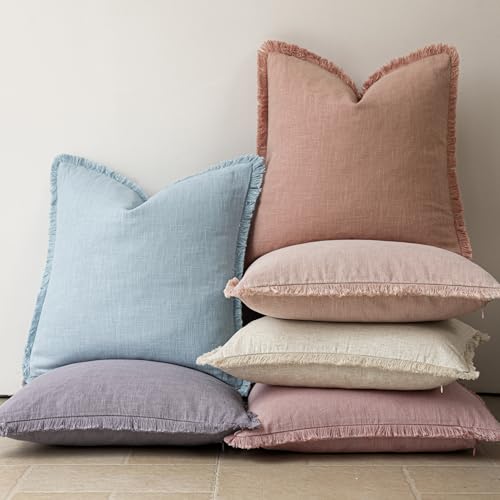 Image of Foindtower Set of 2 Decorative Linen Fringe Throw Pillow Covers Cozy Boho Farmhouse Cushion Cover with Tassels Soft Accent Pillowcase for Couch Sofa Bed Living Room Home Decor,18x18 Inch,Coral Pink