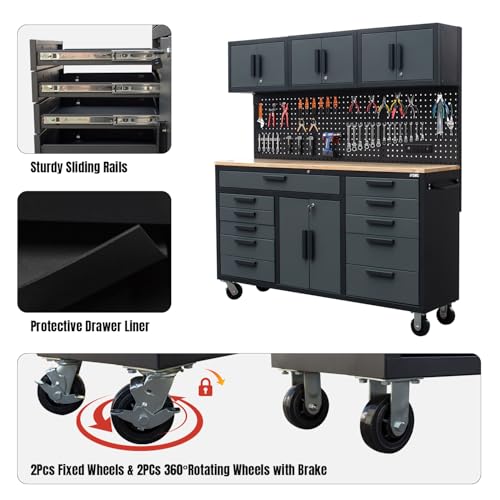 Image of 72in Rolling Tool Chest Cabinet, 2PCS Mobile Garage Workbench Heavy-Duty Tool Cabinet on Wheels with 11 Drawers, 2-Door Cabinet, 3 Top Cabinet, Pegboard & Power Strip for Tool Organization