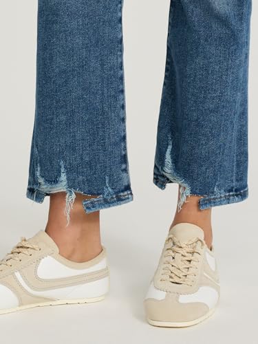 EXPRESS Women’s Cropped Flare Jeans – High Waisted Stretch Denim, Raw Hem – Medium Wash4