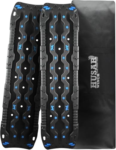 Husar Winch Piste de Récupération à Traction, Planche de Récupération, charge 10 tonnes, Noir,Avec sac de rangement, pour véhicules 4x4, camions, SUV, Voitures,Tout-terrain,Sable, 2 PIÈCES
