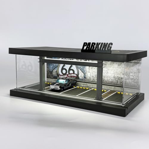Bivitre 1/64 Diorama Plastic Display Case - Compatible with Hot Wheels Matchbox Mini GT Diecast Cars,for Model Car Display and Storage,Stackable Garage with LED Lights and Acrylic Cover (LM-Rou66)