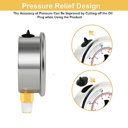Glycerin Filled Pressure Gauge 1/4 NPT 100psi/7bar, Stainless Steel Case, Brass Inside Construction, 2-1/2" dial, 1/4" NPT Lower Connection with Pre-Wrapped Teflon Tape