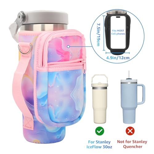 for Stanley Iceflow Flip Straw Tumbler 30 oz, Water Bottle Cup Holder Cover Carrier Sling Bag with Strap, Pouch Pocket for Phone / Accessories, add Handle for Stanley Flip Straw, Neoprene (Colorful)