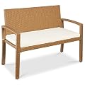 Best Choice Products Outdoor Bench 2-Person Wicker Garden Patio Benches Seating Furniture for Backyard, Porch w/Seat Cushion, 700lb Capacity - Ivory/Natural