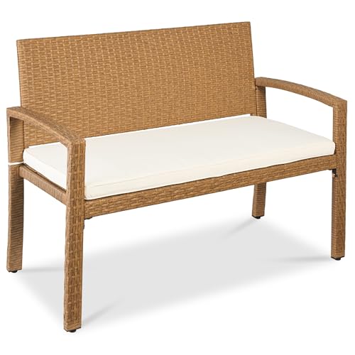 Best Choice Products Outdoor Bench 2-Person Wicker Garden Patio Benches Seating Furniture for Backyard Porch w/Seat Cushion 700lb Capacity - Ivory/Natural