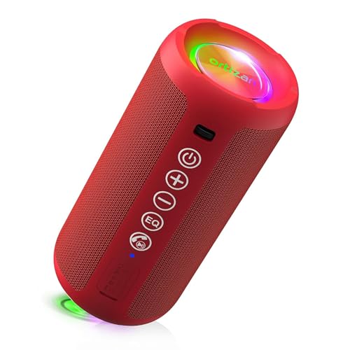 Image of Ortizan Portable Bluetooth Speaker: IPX7 Waterproof, 24W Loud Sound, Deep Bass, Bluetooth 5.3, LED Lights, Wireless Stereo Pairing, 30H Playtime, for Home /Outdoor /Party /Beach, Birthday Gift (Red)