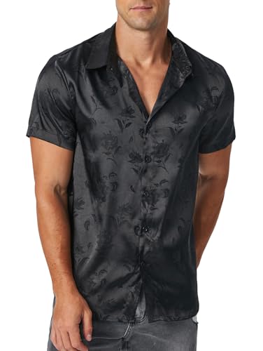 ZAFUL Mens Silky Satin Dress Shirt Short Sleeve Floral Print Jacquard Button Up Shirt Summer Holiday Party Fashion Shirt
