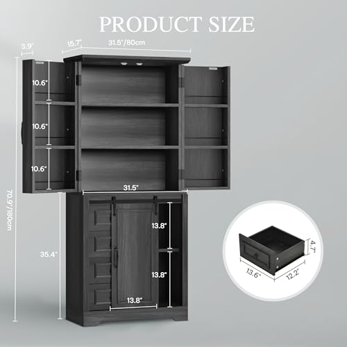DWVO Kitchen Pantry Storage Cabinet with Barn Doors, Tall Storage Cabinet with 4 Drawers and Adjustable Shelf, Versatile Storage for Living Room, Dining Room or Hallway, Gray Oak