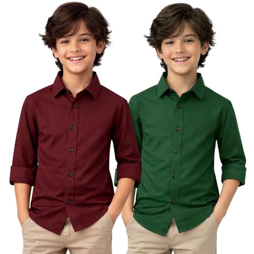 Image of YYQ Pack of 2 Boys Cotton Blend Shirts - Full Sleeve Casual, Soft & Comfortable Spread Collar Shirts