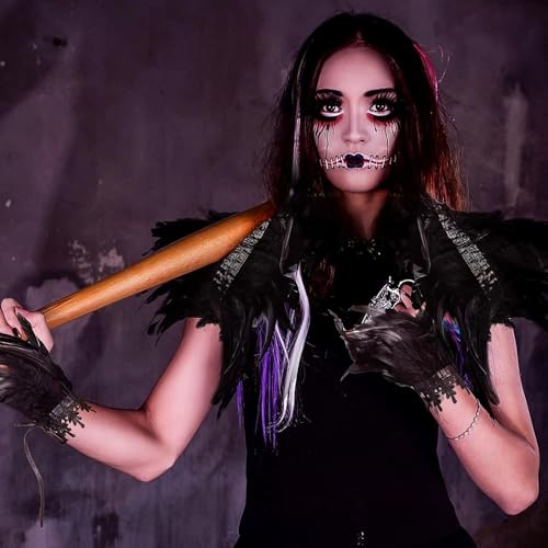 Karneval Federkragen Schwarz mit Feder Handschuhe Schwarz,Gothic Feder Achselzucken mit Feder Manschetten,Federcape,Damen Feder Umhang,Schwarzer Federumhang,für Karneval Maskerade Cosplay