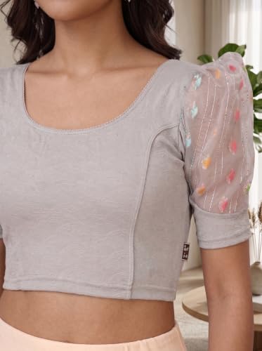 Image of SFT Women's Cotton Lycra Blend Readymade Saree Blouse with Round Neck Half Sleeves Solid Pattern Knit Weave Regular Fit and Pull On Closure