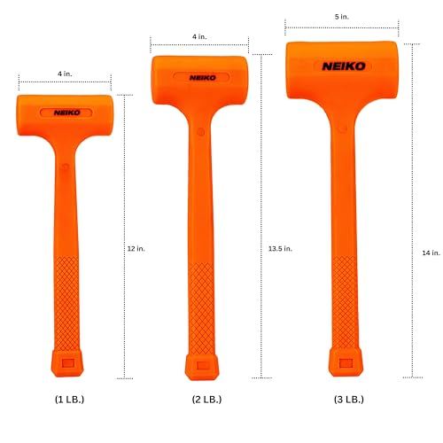 Image of NEIKO 02888A Dead Blow Hammer Set, 3pc Neon Orange Deadblow Mallet, 1lb, 2lb, 3lb Hammers, Spark and Rebound Resistant, Unibody Molded, Checkered Grip (Pack of 4)