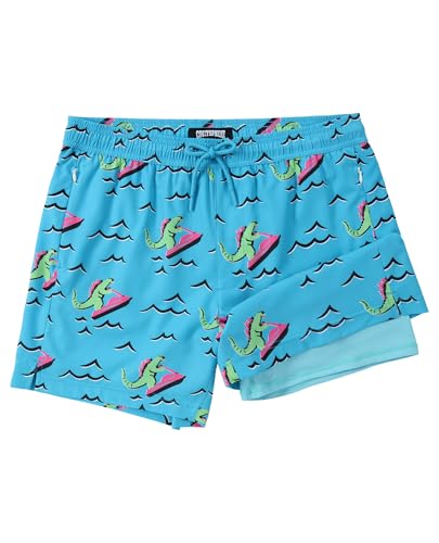 CoozySphere Mens Swim Trunks with Compression Liner 5 Inch Inseam Swimming Trunks Shorts for Men Sky Blue Dinosaur Bathing Suit