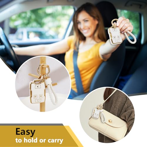 Image of Key Fob Cover for GMC, White Braided Loop Keychain, Gold Edge | Wear-resistant TPU shell, white PU braided short loop, daily splash, scratch and drop protection, normal signal use