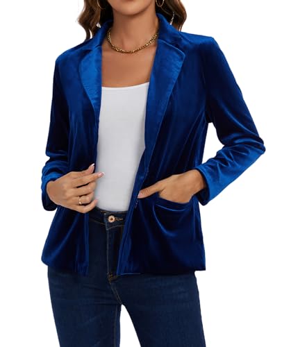 MINTLIMIT Women's Velvet Blazer Notched Lapel Button Front Suit Jacket Loose Fitting Tailored Jacket Coat with Pockets,M,Royal Blue2