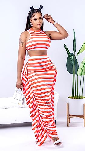 Image of YUEWOO 2 Piece Outfits for Women Sexy Crop Top Ruched Bodycon Maxi Dresses Fringe Skirt Sets Night Club Jumpsuits